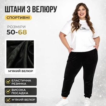 Женские велюровые спортивные штаны Джогеры с высокой посадкой и карманами размеров 50–68, черные (PANS50)