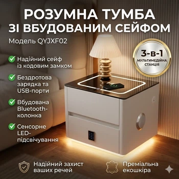 Смарт тумба приліжкова QYJXF02 47×39×48 см, бездротова зарядка, Bluetooth, LED підсвітка, кодовий замок, біла