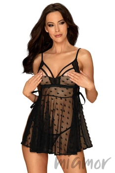 Прозрачный бебидолл с открытым бюстом и трусиками Obsessive Heartia babydoll S/M Черный
