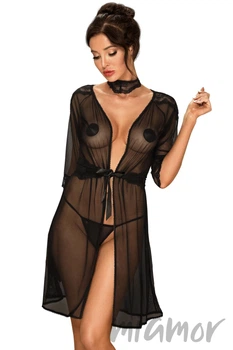 Прозрачный халатик с чокером Obsessive Lucita Peignoir S/M Черный