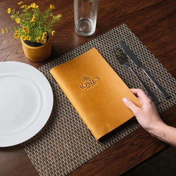 Кожаная папка А5 Inko Horeca для меню с фиксацией на резинку из кожи Crazy Horse ШМ06А5 Песочный