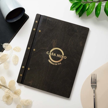 Папка для меню А4 Inko Horeca на кожаной полоске с золотым/серебряным тиснением логотипа М01А4 Светло Коричневый Черный