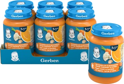 Упаковка пюре воче-м'ясного Gerber Стерилізоване Весняний суп зі шматочками овочів, індичкою та кропом для дітей із 7 місяців 190 г х 6 шт (8445292315722)
