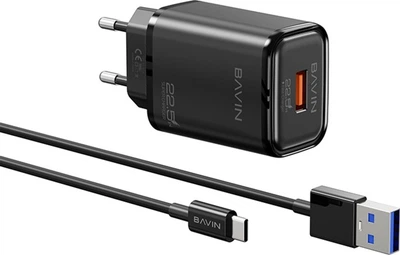 Мережевий зарядний пристрій Bavin PC2029Y-C 22.5W USB-A 3.0A Super Quick Charge + кабель USB-A/Type-C Black (C-PC2029Y-C BK)