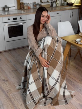 Плед шерстяной FleeCozy (Кофе и Овес) 170х210 см - Большое покрывало в клетку из новозеландской шерсти