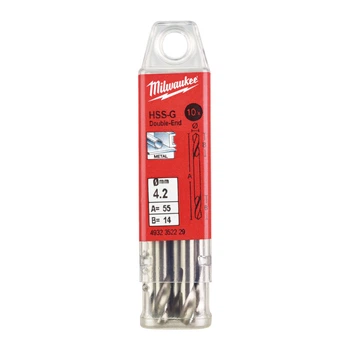 Сверло по металлу HSS-G MILWAUKEE, DIN 1412 C, диаметр 4,2х55х14мм, двустороннее, (10шт), пластиковая коробка (4932352229)