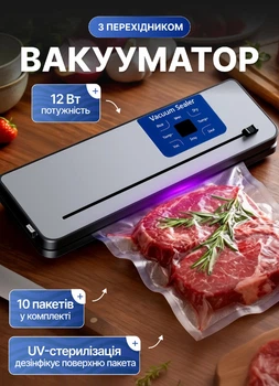 Вакууматор сенсорний з різаком для сухих та вологих продуктів вакуумний пакувальник для м'яса риби овочів та фруктів 300 мм + 10 пакетів у комплекті