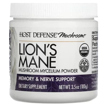 Їжовик гребінчастий, Lion's Mane, Host Defense, порошок грибного міцелію, для підтримки пам'яті та нервної системи, 100 г (FPI-30696)