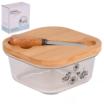 Масленка стеклянная с ножом и бамбуковой крышкой (R34372)