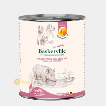 Консервированный корм Baskerville Holistic для собак, утка и кабан с тыквой и зеленью, 800г