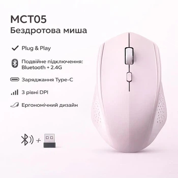 Ергономічна бездротова миша Bluetooth 5.2, 1600 DPI, акумуляторна, 2.4G USB, для ноутбука, ПК, MacBook, планшета рожева