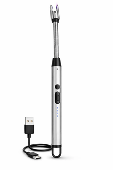 Зажигалка USB электронная гибкая 26 см для свечей, плиты и мангала серебристая
