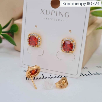 Серьги гвоздя Красный камушёк, размером 0,9*0,9см, Xuping 18K