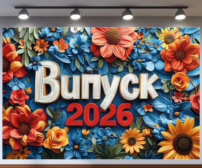 Баннер фотозона Выпуск 2026 яркие цветы подсолнухи и маки на синем фоне последний звонок 180x120см, №41330