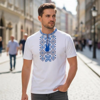 Футболка з вишивкою чоловіча Асторія синіми нитками L Біла