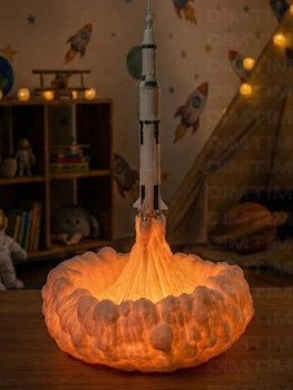 Настільний 3D нічник-світильник Saturn V | Безпровідна космічна LED лампа на акумуляторі з ефектом вогню від USB, 24х16 см
