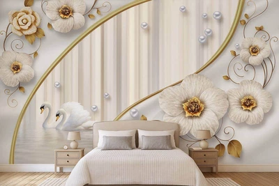 Фотошпалери флізелінові Print-walls 3D квіткові лебеді 0151 400×250 см (Ш×В)