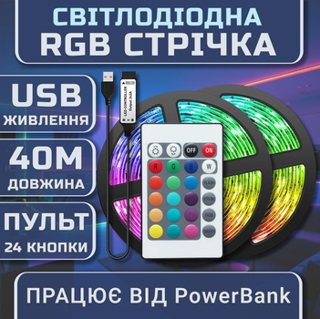 Светодиодная RGB SMD5050 лента комплект 40м с пультом на 24 кнопки, 15 светодиодов на метр, USB 5V
