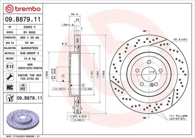 Диск гальмівний вентильований перфорований Brembo 09.B879.11