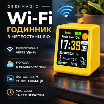 Wi-Fi годинник з метеостанцією GeekMagic Ultra (Версія -Ultra) з кольоровим дисплеєм, підтримка GIF/JPG, фотоальбом, прогноз погоди, Жовтий