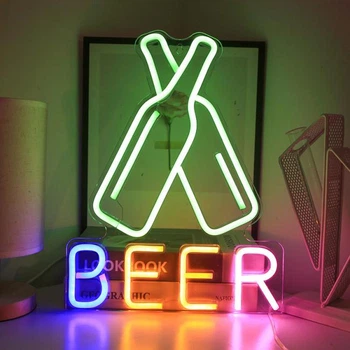 Портативная декоративная неоновая вывеска "beer" разноцветная на батарейках/USB 40*31 см