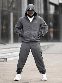 Мужской спортивный костюм Stone Island темно-серый плащевка жадка, куртка с капюшоном M