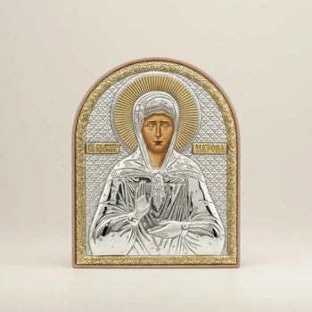 Серебряная икона Св Матрона с позолотой (11х9см) на подставке — подарочная ювелирная