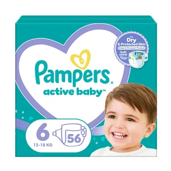 Дитячі підгузки Pampers Active Baby розмір 6 (13-18 кг), 56 шт Дитячі підгузники памперс з індикатором вологи та манжетами з подвійною щільністю Памперси преміум для дітей для нічного сну
