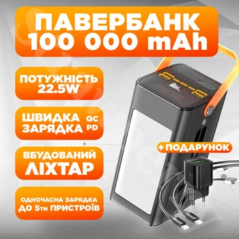 УМБ Павербанк Hoco DB49 100000 mAh 22.5W 3A та в Подарунок Мережевий Адаптер Hoco 20W з кабелем Type-C to Type-C зі швидкою зарядкою Чорний