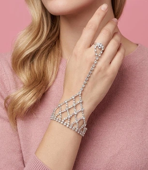 Слейв-браслет на руку з каблучкою та зі стразами "Cascade Crystal" Honey Fashion Accessories сріблястий (12055/3)