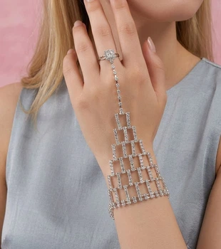 Слейв-браслет на руку з каблучкою та зі стразами "Cascade Crystal" Honey Fashion Accessories сріблястий (12055/2)