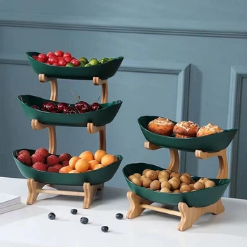 Фруктовница трехъярусная настольная на деревянной подставке для фруктов конфет овощей Зеленая