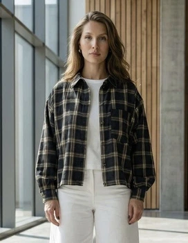 Укороченая рубашка в клетку XXL-3XL. Коричневый