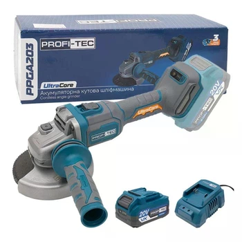 Акумуляторна болгарка PROFI-TEC PPGA203 (20 В, безщітковий двигун, диск 125 мм) 1×PT2040VX (4.0 Aг), ЗП BC20V, коробка
