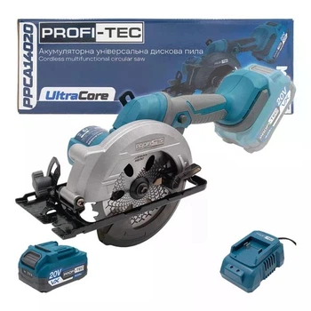 Акумуляторна універсальна дискова пила PROFI-TEC PPCA14020 (20 В, безщітковий двигун, диск 140 мм, пропил 52 мм, 6600 об/хв) 1×PT2040VX (4.0 Аг), ЗП BC20V, коробка