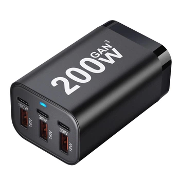 Настільна зарядна станція 200W GaN, 6 портів (4×USB-C + 4×USB-A), PD 3.0