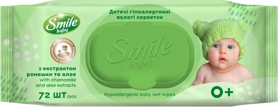 Детские влажные салфетки Smile Baby с экстрактом ромашки, алоэ и витаминным комплексом с клапаном 72 шт (4823071653984)