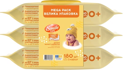Упаковка вологих серветок Smile Baby Екстракт ромашки та алое 2+1 пачки по 60 шт (42113813) (4823071656480)