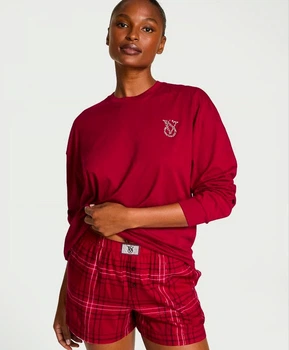 Фланелева піжама Victoria’s Secret Shine Patch Red лонгслів + шорти (М)