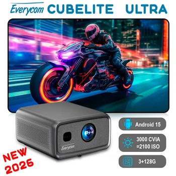Проектор Everycom Cubelite Ultra 3800 ANSI люмен, MEMC, 4K 60fps на Android 15, Wi-Fi, Bluetooth, для дома и офиса, IPTV, фильмов, Megogo, промокоды на ТВ (Everycom Cubelite Ultra 2100 ISO HI3751 V660 A55*8 Core TOUYINGER Q13W)