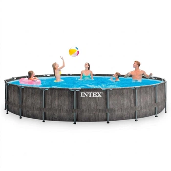 Каркасний басейн Intex 26744, 549 × 122 см з фільтр-насосом 5678 л/год, сходами, тентом і підстилкою, круглий, Prism Frame, сірий