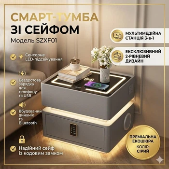 Смарт-тумба горюча YJXF01 Grey з сейфом, LED-підсвічуванням та USB портами (Сіра екошкіра / Загартоване скло)