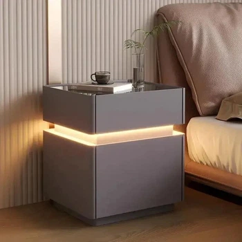 Смарт-Тумба з екошкіри Сіра XXF02 з LED підсвіткою, сейфом, бездротова зарядка, Bluetooth-аудіо 40х40х51