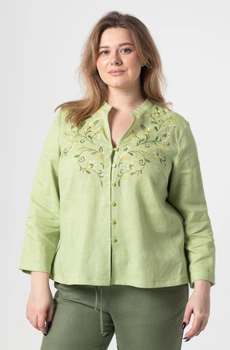 Жіноча блуза-вишиванка з тонкого льону з квітами на ґудзиках (Plus size) Калерія. Зелений, р.46, код 90018/46/1667