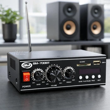 Усилитель звука для колонок 2-канальный с Bluetooth, USB, SD, AUX и FM-радио, портативный стереоусилитель мощности с пультом управления для акустики, дома и авто, питание 12V/220V Черный, BM-700BT