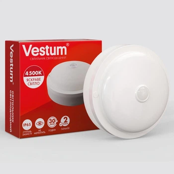 Настенно-потолочный LED светильник 12W для ЖКХ Vestum с датчиком движения 4500K влагозащищенный белый IP65