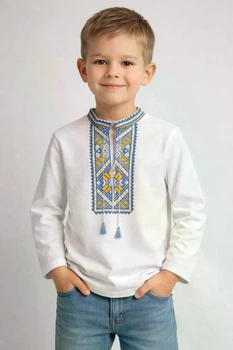 Вишиванка футболка для хлопчика р 140 біла з жовто-блакитним , довгий рукав (Леся-ДРжб)