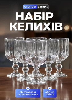 Набір келихів для вина 6 штук на низькій ніжці ребристі широкі комплект винних келихів 400 мл Прозорий