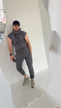 Спортивный костюм мужской (штаны+футболка с капюшоном) из кулира пенье L графит (темно-серый)