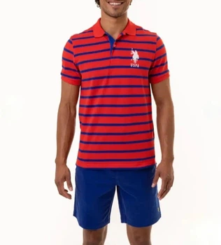 Мужская футболка-поло U.S. Polo Assn.: премиальное пике в горизонтальную полоску с двойным вышитым логотипом. Double Logo Style XXL красная
